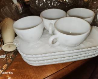 White Milk Glass Luncheon Plates w/Cups