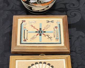 Native American sand paintings and pottery.