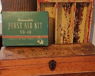 Chippy silverware tray, wood boxes, and Automobile first aid kit.