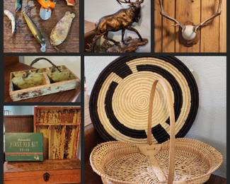Primitives, baskets, hunting and fishing items.  