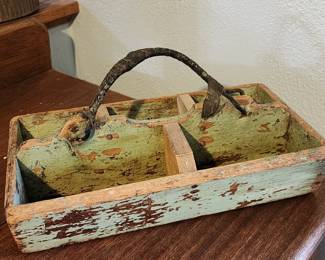 primitive chippy green wood tote