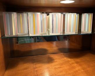 Set of pastel striped Neiman Marcus satin glass tumbers. Would look great with Lu-Ray pastels!