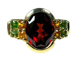 14kt Yellow Gold Garnet Citrine and Synthetic Emerald Ring
