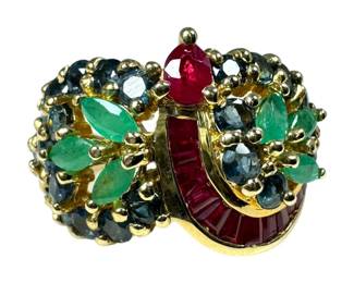 10kt Yellow Gold Sapphire Emerald and Synthetic Ruby Ring