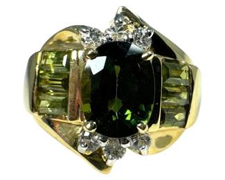14kt Yellow Gold Green and White Sapphire Oval Ring
