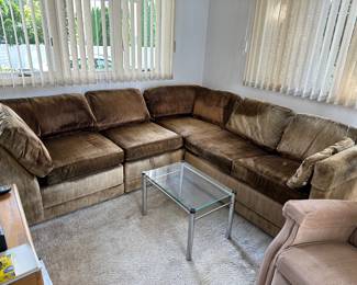 Small Brown Sectional , Chrome & Glass Table
