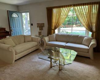 Sofa, Love Seat, Glass & Brass Coffee & Side Table, Modern Crystal Lamp