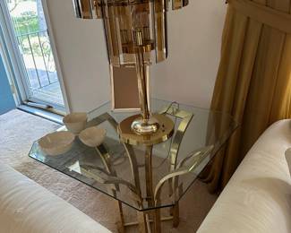 Brass & Glass Side Table, Modern Crystal Lamp