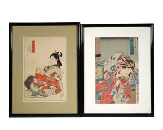 (2pc) JAPANESE WOODBLOCK PRINTS | Including: Ogato Gekko (1859-1920) woman with cat, 13.5 x 8.5in. sight, and Toyohara Kunichika (1835 -1900) print of a kabuki dancer 14 x 8.5 in. sight
 - w. 14.75 x h. 19.5 in. (largest frame)

