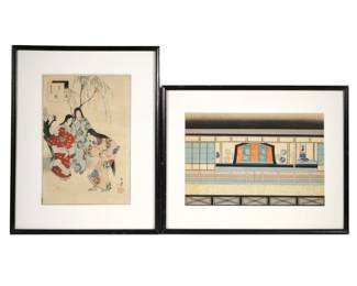 (2pc) JAPANESE WOODBLOCK PRINTS | Including Muzino Toshikata (1866-1908) print depicting three female figures 13 x 9 in. sight, and "Bunraku Theater Stage set for Honcho Nijushiko" print 9 x 14 in. sight
 - w. 14.75 x h. 18.5 in. (each frame)