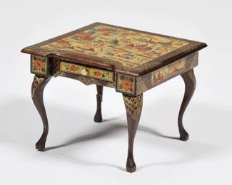 NATASHA CHINOISERIE DOLLHOUSE CARD TABLE | Dollhouse miniature card table with extensive hand-painted decoration, having a single drawer over cabriole legs; signed and dated 1980 on bottom
 - l. 3.5 x w. 3.5 x h. 2.75 in.