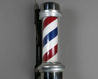 ANTIQUE ELECTRIFIED BARBER POLE | Chrome end caps, with a refurbished spinning red, white, and blue interior pole.