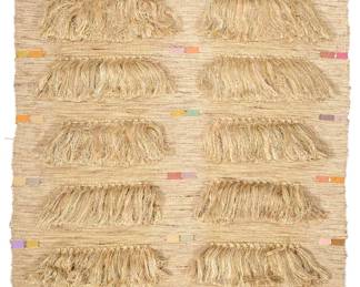 CAROL SCHWARTZOTT (B. 1945) | Untitled woven cotton and linen thread. Wall hanging with tassels and multi-colored fibers with a wooden rod at each end for hanging, signed and dated '83 on a stitched tag. Carol Schwartzott in the permanent collection of The Smithsonian American Art Museum.- w. 33 x h. 53 in.
