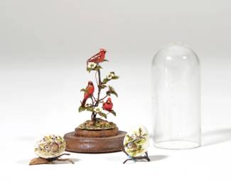 (3pc) MARY MCGRATH MINIATURE DISPLAY OBJECTS | Hand-painted dollhouse miniature decorative objects, including a bird display and two painted eggs, each piece signed and dated - h. 2 x dia. 1.5 in. (display)
