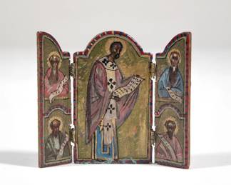 NATASHA MINIATURE ICON | Dollhouse miniature Russian icon tabletop display with three hand painted panels, signed Natasha and dated 1985 - w. 2 x h. 2.63 in.
