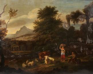 CONTINENTAL SCHOOL (18TH CENTURY) PASTORAL SCENE | In the pasture. Oil on canvas
23 x 29.5 in. stretcher. In molded gilt frame
 - w. 35 x h. 28 in. (frame)
