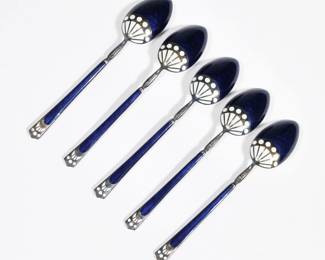 (5pc) HANS JORGEN HANSEN DANISH ENAMEL SILVER SPOONS | Each with blue and white enamel over sterling silver; 3.75 in (each); total weight 54.6g