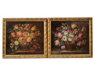 (2pc) PAIR CONTINENTAL SCHOOL STILL LIFE PAINTINGS | Showing flowering bouquets in vases, 15.25 x 17.25 in., each stretcher no apparent signature - w. 18 x h. 20 in. (frame)