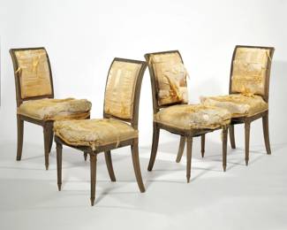 (4pc) L. ALAVOINE & CIE FRENCH SIDE CHAIRS | Late 19th / early 20th century, with compound curved square backrest over tapering reeded legs terminating in pointed feet, decorated with rosettes - l. 21 x w. 18 x h. 34 in.
