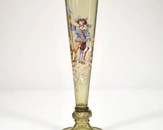BOHEMIAN MOSER GLASS PILSNER VASE | Blown green glass enamel painted with a figure of a man holding a staff - h. 17.5 x dia. 5.5 in.
