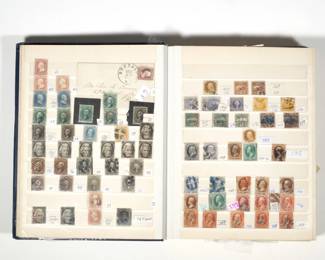 EARLY AMERICAN STAMP COLLECTION | An album of 19th century U.S. postage stamps, including Scott #s 1, 9, 11, 24-26, 63, 65, and many more, ranging from 1844 to 20th century - l. 9.25 x h. 11.75 in.
