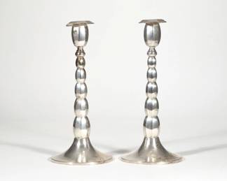 (2pc) PAIR CONTINENTAL SILVER CANDLESTICKS | 800 silver candlestick holders with detachable octagonal bobeches, each marked "800" on the base; together 21.3 ozt - h. 12.25 x dia. 5.25 in.
