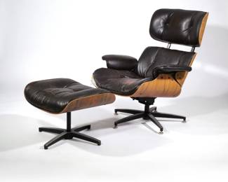 AFTER EAMES LOUNGE CHAIR | The chair with a five-legged base, the ottoman with a quadruped base, no apparent maker.
