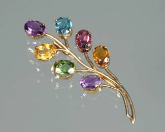 MULTICOLOR GEMSTONE & 18K GOLD LEAF PIN | Designed as (tested to) 18k gold wire branches, each supporting a different oval mixed cut gemstone "leaf: including amethyst, citrine, blue and pink sapphires, etc; 2 in., 5.8g)
