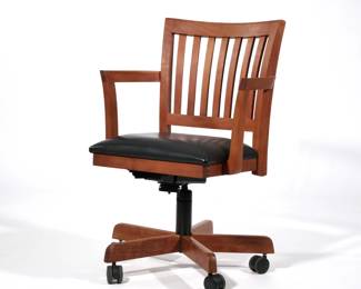 THOMAS MOSER OFFICE CHAIR | Auburn, ME circa 2005; office armchair with adjustable height, black leather seat, pegged construction - l. 22 x w. 24 x h. 35 in.

