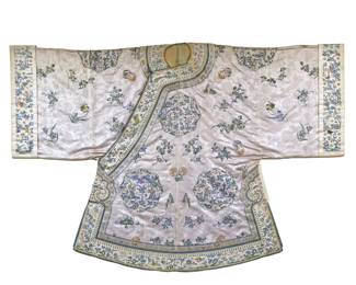 CHINESE SILK EMBROIDERED ROBE | Framed; robe approx. 41 x 60 in. - w. 68 x h. 47 in. (frame)