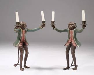 (2pc) BILL HEUBBE MONKEY FORM CANDELABRA | Two arm candelabra - l. 12.75 x w. 12 x h. 17 in.

