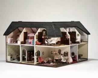 MINIATURE DOLLHOUSE DIORAMA | Each room with furniture, art, decor, and figures, within a lucite display cover box - l. 18 x w. 18 x h. 12.5 in. (dollhouse)
