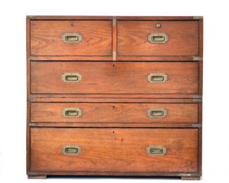 ANTIQUE ENGLISH CAMPAIGN CHEST | In two sections, two drawers (one a fall-front desk) over three full-width drawers, brass hardware. - l. 39 x w. 17.5 x h. 36.5 in.