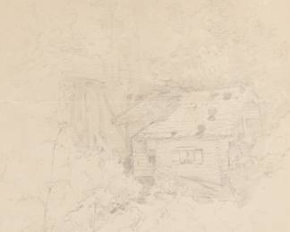 CARL SPITZWEG (GERMAN, 1808-1885) | House in landscape. Pencil drawing. 11.5 x 10.15 in. (sight)
Signed lower right. Framed with old inscription fragments and a 1985 Switzweg stamp attached to verso - w. 18.5 x h. 20 in. (frame)
