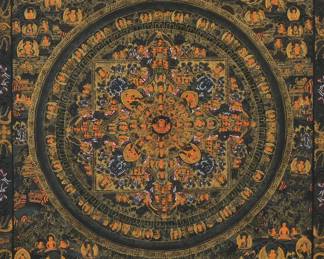 BUDDHIST MANDALA THANKGA PAINTING | Tibetan Buddhist Thangka painting. Sight 22.5 x 17.25 in.  In gilt frame - w. 22.5 x h. 28 in. (frame)
