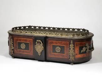 FRENCH INLAID JARDINIERE | Inlaid in contrasting woods, with lead liner and applied handles and mounts - l. 18.5 x w. 10 x h. 6 in.
