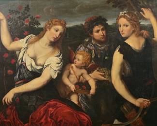 PARIS BORDONE (ITALIAN/FRENCH, 1500-1571) | L'Automne (Venus, Cupid, Bacchus and Diana). Oil on canvas. 42.5 x 63 in. (stretcher) - w. 78 x h. 57.5 in. (frame)

