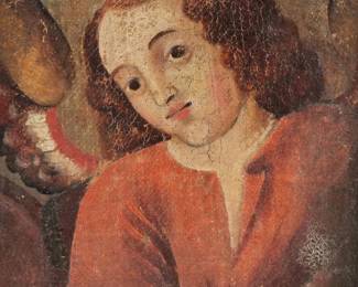 SPANISH/ COLONIAL SCHOOL (16TH/17TH CENTURY) | 3/4 Portrait of a Winged Boy, Fragment
oil on canvas mounted on board. Board 7 x 4.5 in.
in an ornately carved frame set with carved bone plaques  - w. 10.5 x h. 13 in. (frame)

