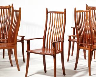 (8pc) STEPHEN SWIFT DINING CHAIRS | Stephen Swift ash and cherry high back dining armchairs, c. 2001, signed on bottom - l. 21 x w. 23.5 x h. 46 in. (armchair)
