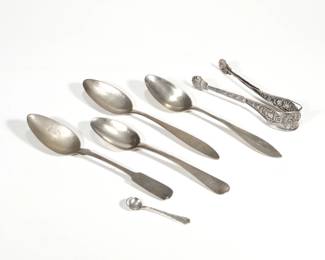 (6pc) SILVER FLATWARE| Including four silver tablespoons each with different continental hallmarks, a small salt spoon with bow-patterned handle and a clover hallmark, and an unmarked pair of floral repousse tongs tested to silver; all together 6.1 ozt.