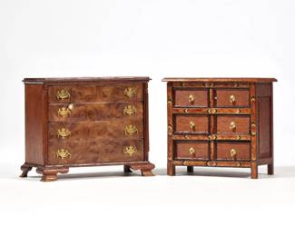 (2pc) DOLLHOUSE MINIATURE CHESTS | Two chests of drawers, one with contrasting inlaid woods in chevron pattern, apparently unsigned, and a burl chest of drawers with double brass pulls, signed with initials and dated 1979 on the bottom, with a miniature pocket watch tacked on the top - l. 3.75 x w. 2 x h. 3 in. (burl chest)