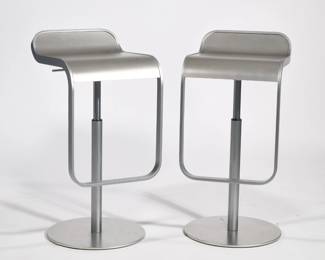(2pc) PAIR MCM LAPALMA STOOLS | Metal / stainless steel LaPalma LEM piston height adjustable bar stools with swiveling seats  - l. 17 x w. 14 x h. 29.5 in. (as pictured)

