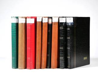 JERSEY, ISLE OF MAN, & OTHER STAMPS | A collection of British territory stamps, including Guernsey / Alderney, Isle of Man, and Jersey, housed in stamp albums, comprising: three albums of Isle of Man stamps, one with mostly 1970s and 1980s stamps and a couple of stamp booklets, two albums mostly contemporary including unused stamps and full sheets; two albums of Alderney stamps appearing to be mostly contemporary from the 1980s and later; two albums of stamps from Bailiwick of Guernsey, including stamps from 1941 and 1958, most dating from 1969 and later; and two albums of Jersey stamps, including stamps from 1941 and 1959, most dating from 1969 on, including several stamp booklets and contemporary full sheets - l. 9 x h. 12 in. (ea. approx.)
