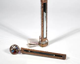 (2pc) WINDSEYE KALEIDOSCOPES | Windseye by Doug Johnson, two hand-crafted copper kaleidoscopes, one with stained glass end piece, the other with original tag attached
 - l. 11.5 x h. 3.25 in. (largest)
