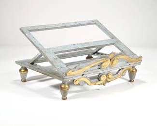 ANTIQUE GILT CARVED BOOK STAND / LECTERN | With old blue paint and carved gilt scroll work - l. 15 x w. 11 x h. 11 in. (open)

