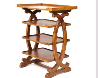 PIERRE DEUX TIERED SIDE TABLE | Having a top with three-quarter gallery over three medial shelves with carved wood sides.