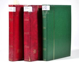 (3pc) GREAT BRITAIN STAMP COLLECTION | Three albums of British stamps from 19th century to contemporary, including Scott #89, #101, #114, #115, and #119 (1881-1892), Scott #122, 125, 136, 169, 179, 180, 181, 185, and 186; 205-09, 210-220, and many other later stamps into the 20th and 21st centuries, including some full strips and full sheets of unused stamps as well as stamp booklets; two albums mostly filled, one album about half filled
 - l. 9 x w. 2.25 x h. 12 in. (largest)