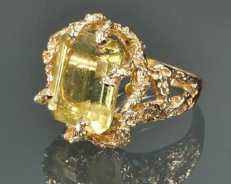 CITRINE & 14K GOLD RING | Faceted citrine set in a hammered free-form gold setting; size 6, 12.4g
