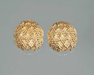 PAIR 14K GOLD EARRINGS | Designed as molded and engraved pattern 14 karat gold ear clip earrings; 0.75 in., 15.6g;  each marked 14 K and with PM makers mark. 