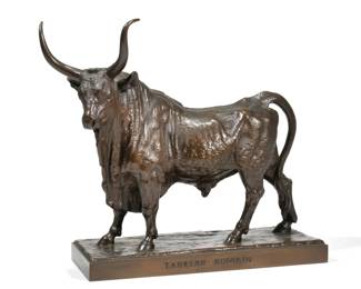 JEAN BAPTISTE CLESINGER (FRENCH, 1814-1883) BRONZE | Taureau Romain, 1857 Patinated Bronze
the base inscribed "J. CLESINGER ROME 1857" and "F. BARBEDIENNE FONDEUR" - front base inscribed "TAUREAU ROMAIN" - l. 15.5 x w. 6 x h. 12.75 in.
